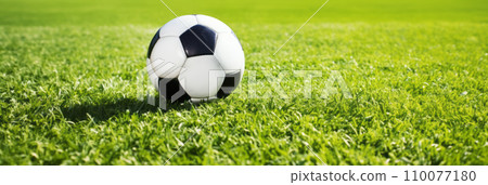 足球被放置在足球場的草地上。適合橫幅的全景“AI 生成圖像” 足球被放置在足球場的草地上。適合橫幅的全景“AI 生成圖像” 110077180