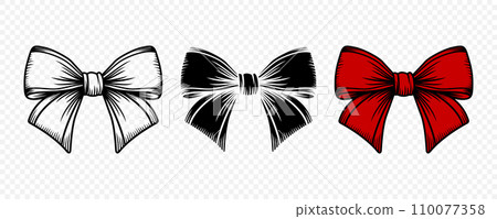 Vector Cartoon Bow Tie or Gift Bow, Cut Out and with Outline Icon Set Isolated. Bow Design Template 110077358