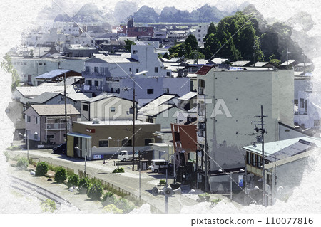 福井縣小浜市沿海街道水彩風格的小浜城鎮景觀 福井縣小浜市沿海街道水彩風格的小浜城鎮景觀 110077816
