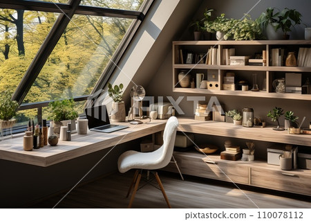 Office with a spacious desk adorned with minimal decor, atmosphere of orderly productivity 110078112