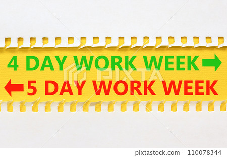5 or 4 day week symbol. Concept word 5 day work week or 4 day work week on beautiful yellow paper. Beautiful white paper background. Business and 5 or 4 day week concept. Copy space. 110078344