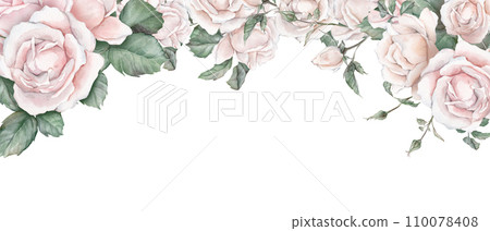 Watercolor frame illustration white cream rose and green leaves isolated on white background. Border hand painted natural plant twigs with light peach fuzz color roses rose for design 110078408