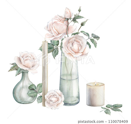 Watercolor composition from peach fuzz color roses and green leaves in glass jar and candle. Hand drawn illustration isolated background. Element painted natural plant twigs with light rose for design Watercolor composition from peach fuzz color roses and green leaves in glass jar and candle. Hand drawn illustration isolated background. Element painted natural plant twigs with light rose for design 110078409