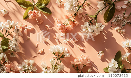 AI-generated content. Flowers on a peach background. Spring floral flat lay background 110078413