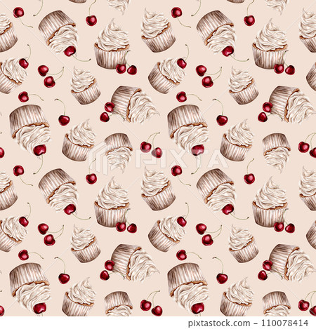 Seamless pattern watercolor sweets cupcake with cherry. Design holidays or wedding pastel colors. Watercolor hand drawing illustration on isolated background for birthday or Valentines day 110078414
