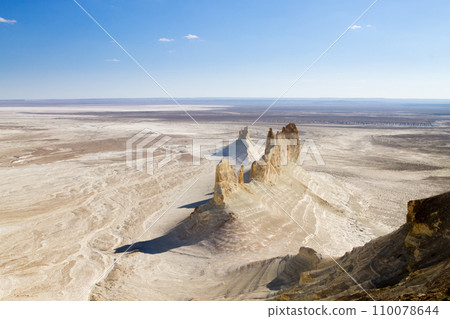Bozzhira valley pinnacles aerial view, Mangystau region, Kazakhstan. Ak Orpa pinnacles Bozzhira valley pinnacles aerial view, Mangystau region, Kazakhstan. Ak Orpa pinnacles 110078644