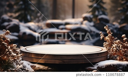AI-generated content. Round podium for product presentation in snowy winter forest, blank pedestal. Winter body and face care. Platform for product display. 110078887