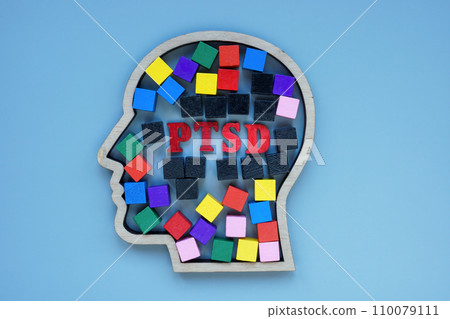 Head outline with colored cubes and inscription PTSD Post Traumatic Stress Disorder. 110079111
