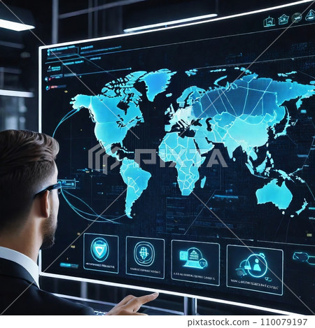 AI-generated content. Businessman showing graphics like Chatgpt 110079197