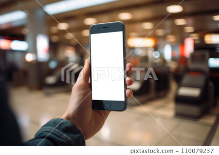 Man holding phone with in airport terminal with white screen mock up, mockup 110079237