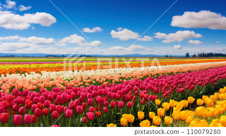 AI-generated content. A ripe colorful tulip field in an agricultural landscape. A picturesque view of the field. Generative AI 110079280