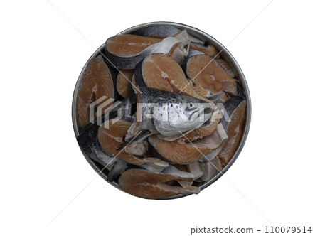 Large pieces of fresh raw atlantic salmon and Fresh salmon head isolated on white background with clipping path. Large pieces of fresh raw atlantic salmon and Fresh salmon head isolated on white background with clipping path. 110079514