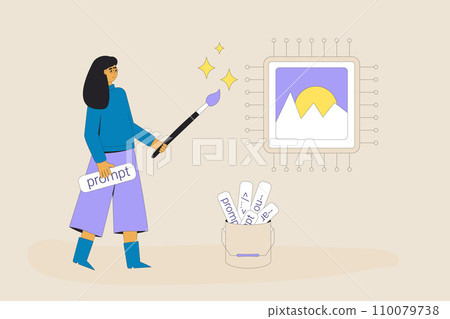 Artificial general intelligence helps to designer to create an image metaphor. Vector illustration. Artificial general intelligence helps to designer to create an image metaphor. Vector illustration. 110079738