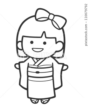 Woman in kimono [monochrome, no background, line drawing] 110079792