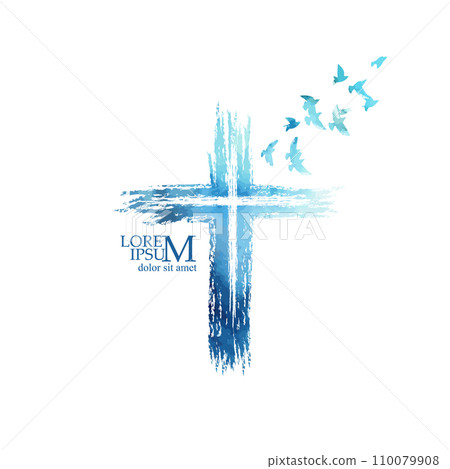 Blue cross religious with birds. Happy easter. hand drawing. Not AI . Vector illustration. Blue cross religious with birds. Happy easter. hand drawing. Not AI . Vector illustration. 110079908