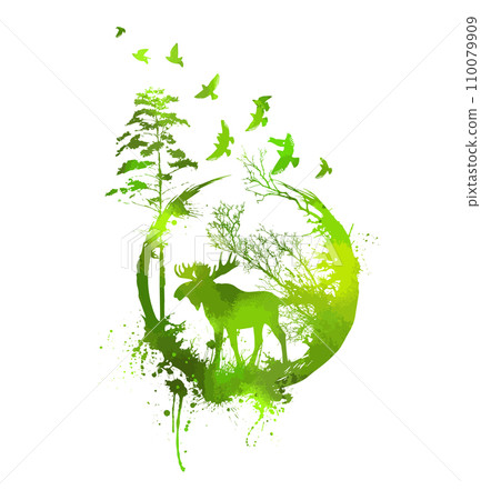 Elk in the forest green abstraction. Hand drawing. Not AI. Printing on a T-shirt. Vector illustration 110079909