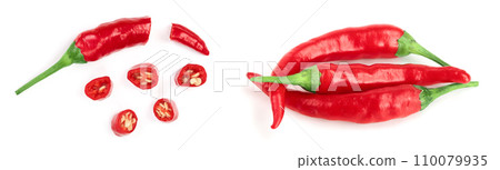 sliced red hot chili pepper isolated on white background. Top view. Flat lay pattern 110079935
