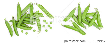 Fresh green pea pod isolated on white background. Top view. Flat lay Fresh green pea pod isolated on white background. Top view. Flat lay 110079957