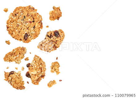 Granola cookie isolated on white background with full depth of field. Top view. Flat lay. Granola cookie isolated on white background with full depth of field. Top view. Flat lay. 110079965
