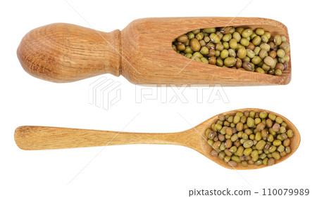 Mung beans in a wooden spoon isolated on white background. Top view Mung beans in a wooden spoon isolated on white background. Top view 110079989