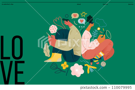 Valentine: Digital Whispers - modern flat vector concept illustration of a couple seated close, messaging each other. Metaphor for the intimacy of modern digital communication 110079995