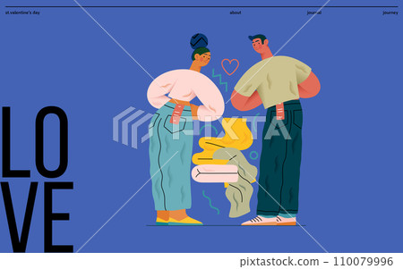 Valentine: Perfect Fit - modern flat vector concept illustration of a couple trying on jeans in a fitting room. Metaphor for finding the right match in love as in life Valentine: Perfect Fit - modern flat vector concept illustration of a couple trying on jeans in a fitting room. Metaphor for finding the right match in love as in life 110079996