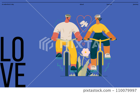 Valentine: Tandem Journey - modern flat vector concept illustration of a couple riding the bicycles together. Metaphor for the synchronized journey of a relationship Valentine: Tandem Journey - modern flat vector concept illustration of a couple riding the bicycles together. Metaphor for the synchronized journey of a relationship 110079997