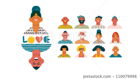 Valentine: Spectrum of Love - modern flat vector concept illustration of a vibrant array of individual portraits celebrating love's diverse expressions. Metaphor for the universal language of love 110079998