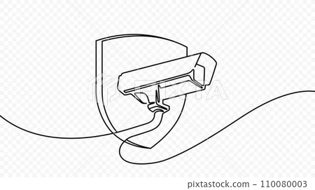 Continuous one line drawing of outdoor security system with shield vector design. Single line art illustration on the theme of CCTV, security camera on transparent background Continuous one line drawing of outdoor security system with shield vector design. Single line art illustration on the theme of CCTV, security camera on transparent background 110080003