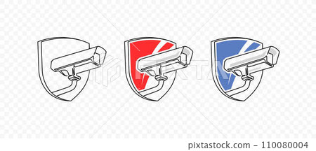Linear outdoor security system with shield vector design. CCTV, security camera graphic design Linear outdoor security system with shield vector design. CCTV, security camera graphic design 110080004