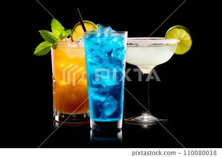 Set and collection of classic alcohol cocktails or mocktail isolated on white background with fresh summer fruits 110080018