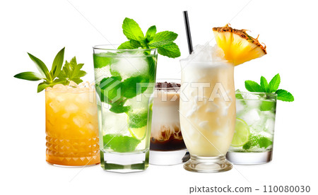 Set and collection of classic alcohol cocktails or mocktail isolated on white background with fresh summer fruits 110080030