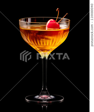 Refreshing Bourbon Manhattan cocktail with vermouth and maraschino cherry garnish isolated on black background/ 110080040