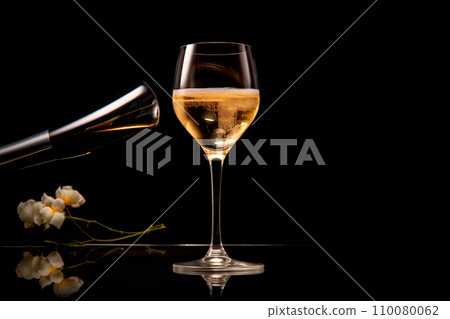Champagne bottle on black background with champagne glasses Champagne bottle on black background with champagne glasses 110080062