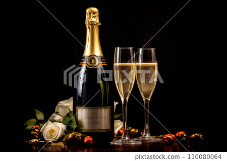 Champagne bottle on black background with champagne glasses Champagne bottle on black background with champagne glasses 110080064