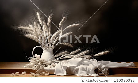 A bunch of wheat is wrapped on a cloth and laid on a table, in the style of black and white still life A bunch of wheat is wrapped on a cloth and laid on a table, in the style of black and white still life 110080083