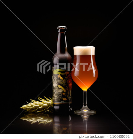 Beer in glass and beer bottle on a dark black background. Mugs with drink like Ipa, Pale Ale, Pilsner, Porter or Stout 110080091
