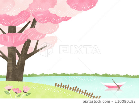 春天背景框架與櫻花樹和水邊簡單的水彩風格自然景觀插畫 春天背景框架與櫻花樹和水邊簡單的水彩風格自然景觀插畫 110080182