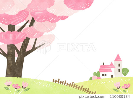春天背景框架與櫻桃樹和房子簡單的水彩風格自然景觀插畫 110080184