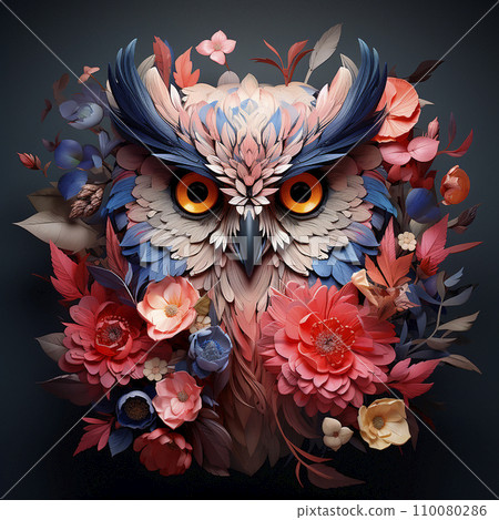 Portrait of an owl in colorful flowers, a hybrid of an owl and flowers, an unusual composition, creative wallpaper Portrait of an owl in colorful flowers, a hybrid of an owl and flowers, an unusual composition, creative wallpaper 110080286