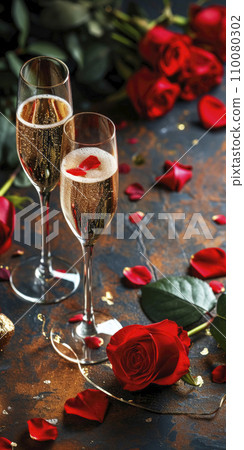 AI-generated content. Valentine's day background with glasses of champagne and roses AI-generated content. Valentine's day background with glasses of champagne and roses 110080302