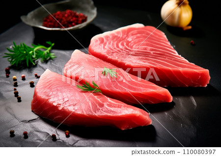 Fresh tuna fish fillet steaks isolated on black background. Raw seafood Fresh tuna fish fillet steaks isolated on black background. Raw seafood 110080397