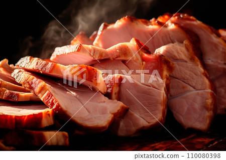 Closeup view of Medium rare roasted pork meat on plate. Slices of juicy pork steak or angus steak 110080398