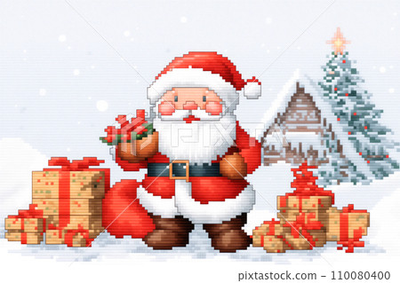 Cross stitch pattern of Santa Claus holding his presents, in the style of pixelated. Embroidered deer and snowy village 110080400
