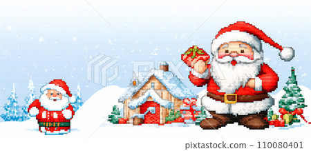 Cross stitch pattern of Santa Claus holding his presents, in the style of pixelated. Embroidered deer and snowy village 110080401