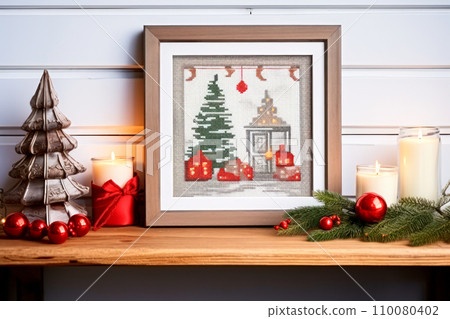 A framed embroidered christmas card with ornaments and candles on wooden table. Winter background with pine twigs 110080402