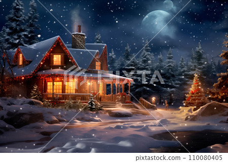 Enchanting winter night scene with snow-covered trees in a serene forest. Christmas night at woods under the moonlight 110080405