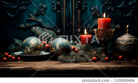 Christmas lights, candles on fireplace, decorative wreath in front of Christmas trees on bokeh and warm brown background Christmas lights, candles on fireplace, decorative wreath in front of Christmas trees on bokeh and warm brown background 110080406