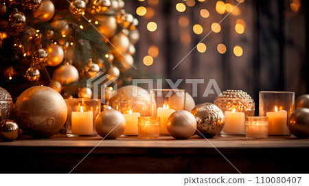 Christmas lights, candles on fireplace, decorative wreath in front of Christmas trees on bokeh and warm brown background Christmas lights, candles on fireplace, decorative wreath in front of Christmas trees on bokeh and warm brown background 110080407