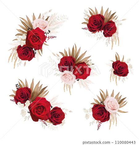 Bohemian, floral bouquet with red roses, pampas grass. Beautiful watercolor style elegant flowers, dry palm leaves editable vector illustration. Wedding invite, greeting, party decorative elements set Bohemian, floral bouquet with red roses, pampas grass. Beautiful watercolor style elegant flowers, dry palm leaves editable vector illustration. Wedding invite, greeting, party decorative elements set 110080443